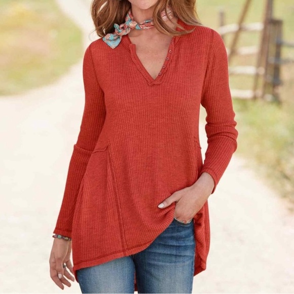 Sundance Belle Rock Henley in Henna Orange Small Thermal Long Sleeve Shirt - Picture 1 of 5